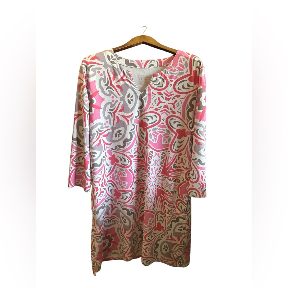 Lightbare Women’s XL Pink & Gray Patterned Tunic MIDI Resortwear Shirt Dress - Picture 2 of 5